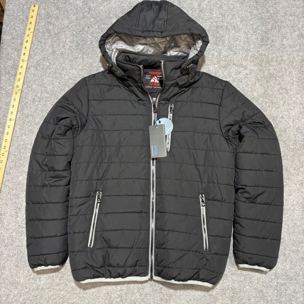 Spire by Galaxy Mens Black Puffer Jacket Hooded Water Resistant Quilted Coat L